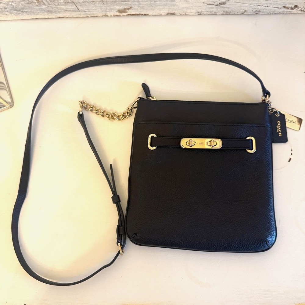 Coach Crossbody Bag Womens Small Black Leather Zip Top Chain Turnlock - Picture 1 of 12